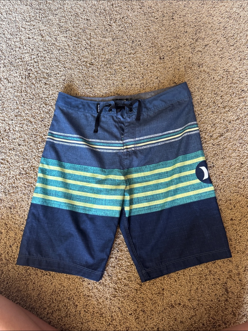 Hurley Boys Navy Blue Teal Yellow Stripe Swim Trunks